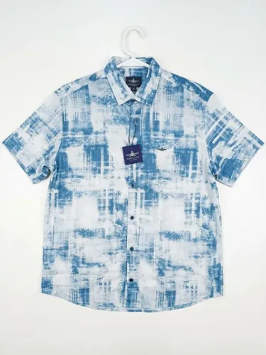 Camisa Brushstroke Azul Estampada 100% Viscose Leve Verão Manga Curta Botão Roberto Levy