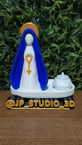 Kit Nsa. Sra. Aparecida Escultura + Porta-terços + Porta-Vela + Vela de led Azul/Branco