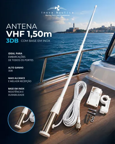 Antena VHF 1,50m 3DB com Base em Inox