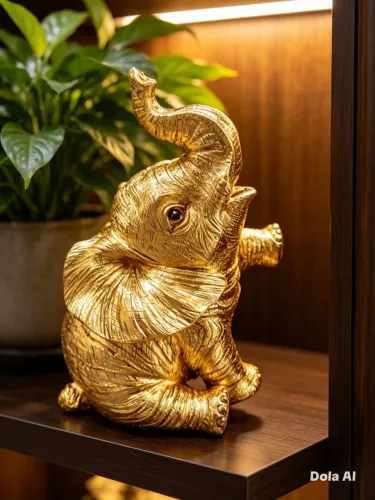 Escultura Elefante Dourado Sorte Resina 15cm
