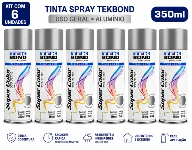 Kit 6 Tinta Spray Tekbond Alumínio 350ml Secagem Rápida