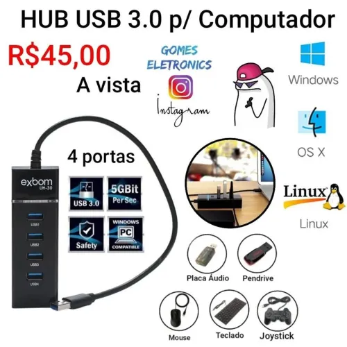 Hub USB 3.0 extensor adaptador 4 Portas até 5Gbps para PC notebook (Loja Fisica)