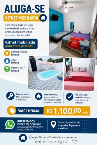 Aluguel de Kitnet Mobiliada para até 2 pessoas, incluso energia, água e internet.