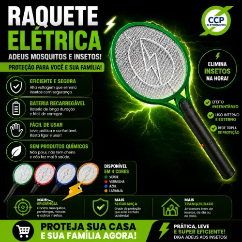 Raquete Elétrica Recarregável 110v/220v Mata Pernilongo, Mosquito, Mosca, Insetos.