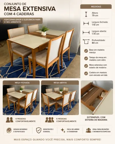 MESA EXTENSIVA ITALIA C/ 4 CADEIRAS LARA KAPPESBERG 