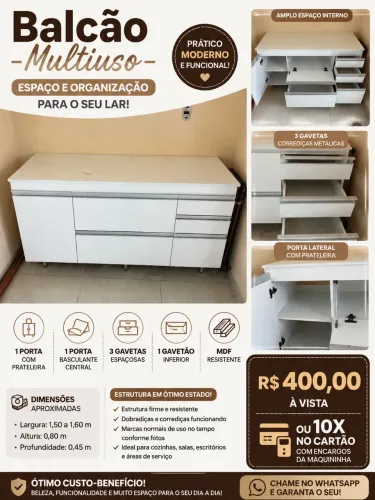 Balcão Multiuso em MDF - Amplo Espaço e Excelente Custo-Benefício