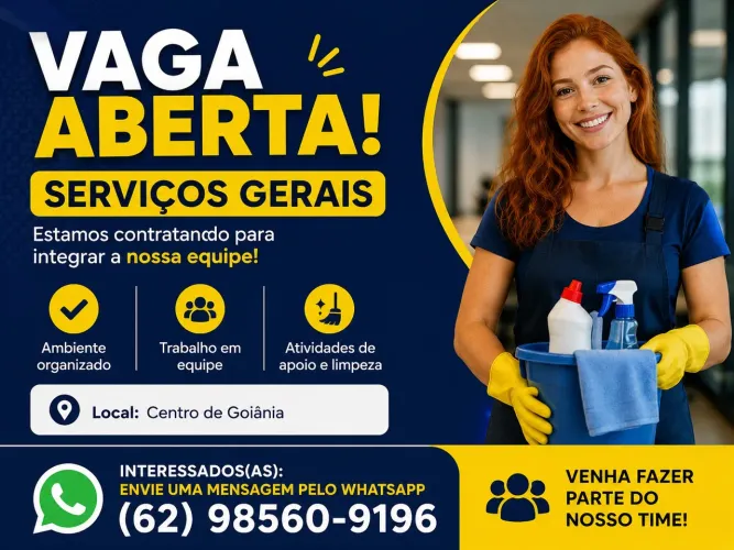 Auxiliar de Serviços Gerais | Centro de Goiânia | R$ 2.500 + Benefícios