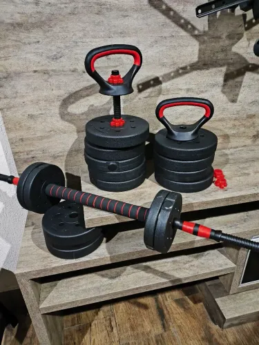 Kit halteres academia 6 em 1 peso musculação até 40Kg, com halter, kettlebel e anilhas.