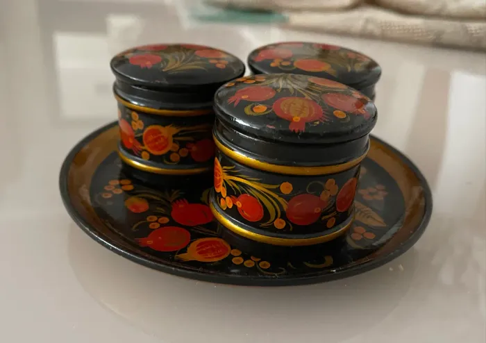 Conjunto Potes Com Bandeja Madeira Khokhloma Russo Vintage