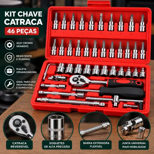 Kit Ferramentas 46 Peças Chave Catraca Soquetes com Maleta