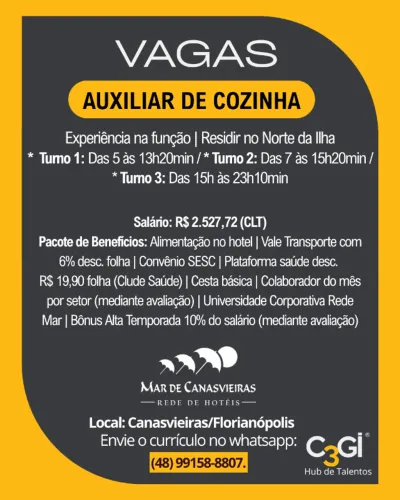Vaga: Auxiliar de Cozinha - Bairro: Canasvieiras