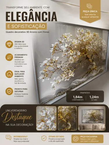 Quadro Decorativo 3D Árvore Branca e Dourada 184x124 cm