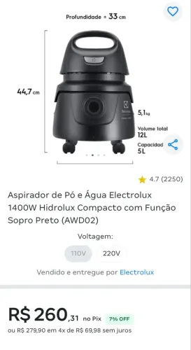 Aspirador de Pó e Água Electrolux 1400W Hidrolux Compacto com Função Sopro Preto - 110v