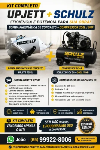 Kit Bomba de Concreto Pneumática UPJETT T250L + Compressor Schulz 200L 5HP
