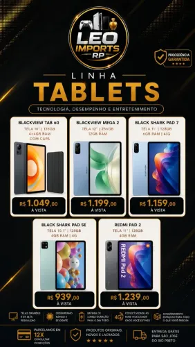 Tablets Redmi Pad 2, Black Shark e Blackview Tab 60 Originais, Novos e Lacrados