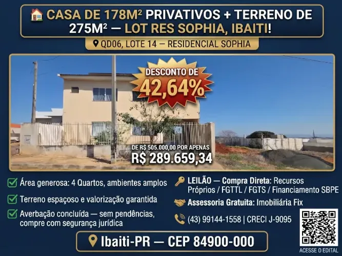 CASA DE 178M² PRIVATIVOS + TERRENO DE 275M² ? LOT RES SOPHIA, IBAITI!