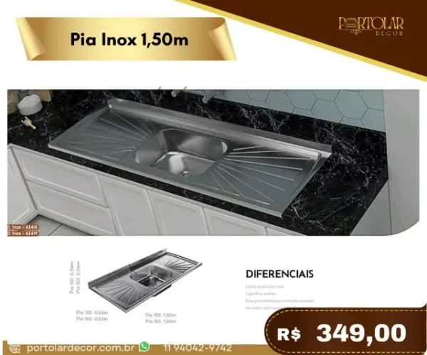 Pia inox 1,50 m a pronta entrega 