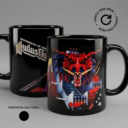 Caneca Judas Priest Defenders of the Faith - Caneca Toda Preta Heavy Metal Metal Gods