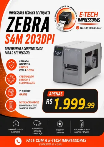IMPRESSORA TÉRMICA DE ETIQUETAS ZEBRA S4M + GARANTIA 6 MESES 