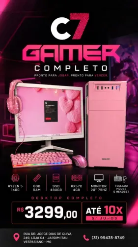 PC GAMER COMPLETO RYZEN 5 1400 8GB SSD 480GB RC 570 4GB MONITOR 20" TECLADO E MOUSE E HEAD
