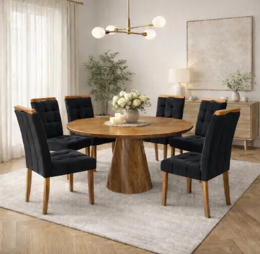 Conjunto de Jantar Redondo Premium 6 Lugares Amêndoa