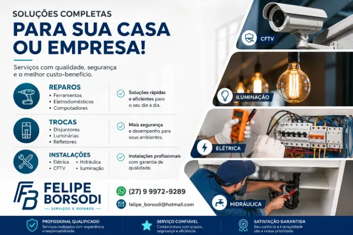 Eletricista, CFTV, Bombeiro Hidráulico.