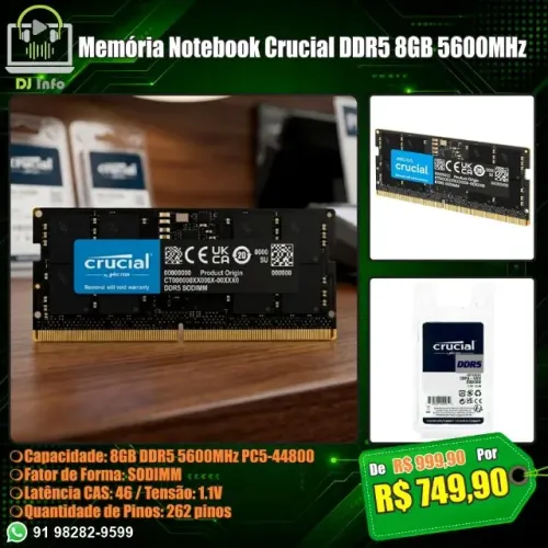 Memória Notebook Crucial DDR5 8GB 5600MHz