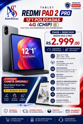 Tablet Xiaomi Redmi Pad 2 Pro 12.1'/ 8GB/ 256GB Grafite CHIP 4G + Caneta Xiaomi Original