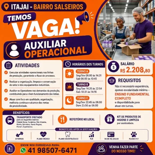 AUXILIAR OPERACIONAL - ITAJAI/BAIRRO SALSEIROS