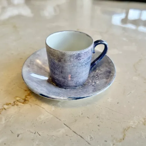 Xícara de Café em Porcelana Porcelanarte Paraná - Azul Mesclado Artesanal com Pires