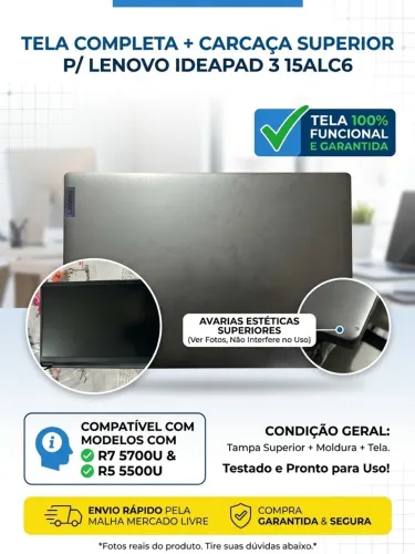 Tela Completa Com Carcaça Superior Lenovo Ideapad 3 15ALC6 R7 / R5