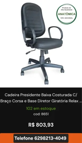 Cadeira Presidente Baixa Costurada C/ Braço Corsa e Base Diretor Giratória Relax