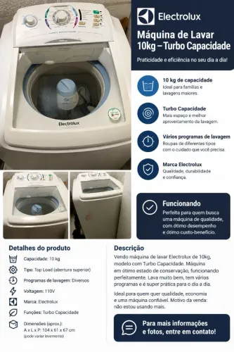 Máquina de Lavar Electrolux 10kg Turbo Capacidade 