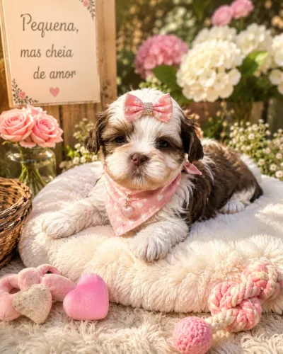 Uma linda e maravilhosa filhote de Shih tzu fêmea branca e chocolate