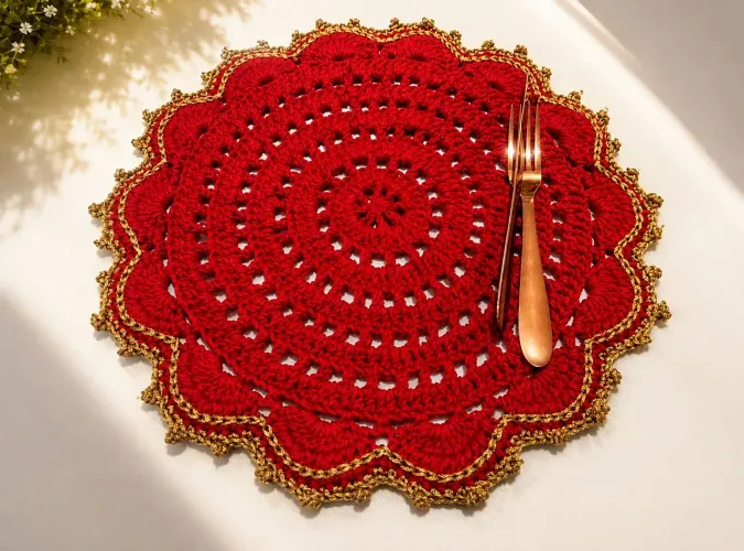 Sousplat de Crochê Luxo, 4 unidades, 40cm, unidade, vermelho com dourado