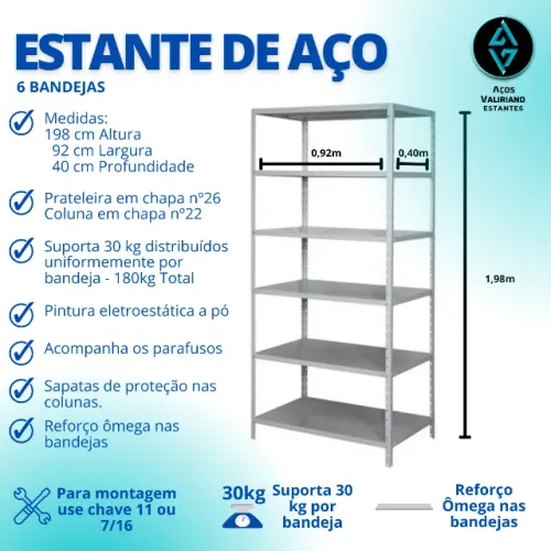 Estante Nova 40cm / Prateleira De Aço / 6 Bandejas / 180kg