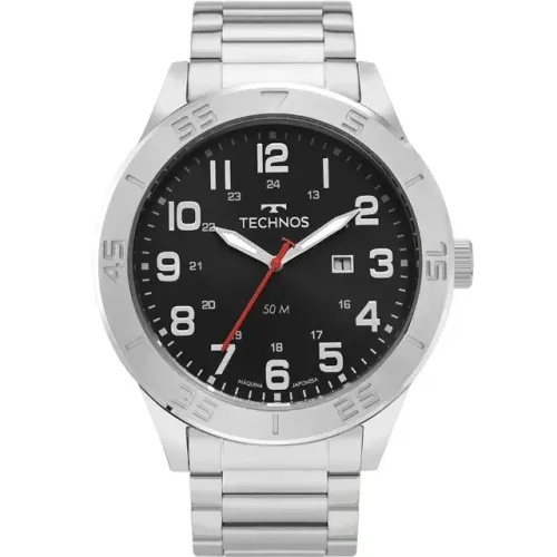 Relógio masculino Technos Militar com caixa e pulseira em aço inoxidável prateado.