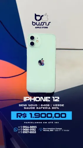iPhone 12 64GB Verde Saúde de bateria 80% R$1.800,00 | Loja Física |
