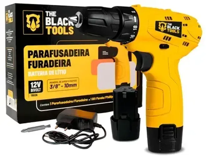 Parafusadeira Furadeira Sem Fio Bateria 12v Bivolt - The Black Tools