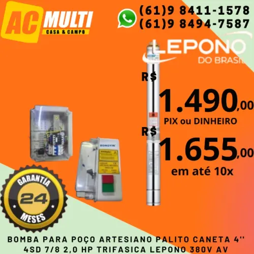 Bomba para poço artesiano caneta  palito  4'' 4SD 7/8 2,0 HP trifasica Lepono 380v AV