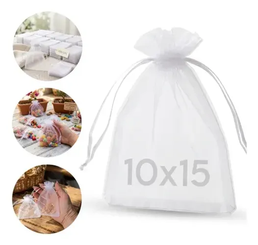 Kit 100 Saquinhos Organza Tule Branco 10x15cm Para Lembrancinhas Casamento Aniversário Joi