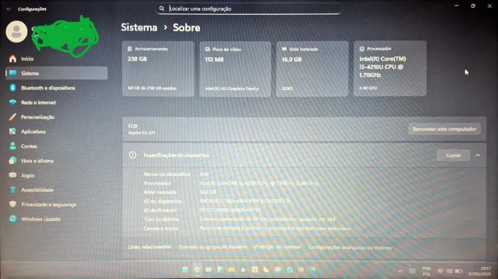 Notebook Acer Aspire 15' i5 16GB RAM SSD240GB