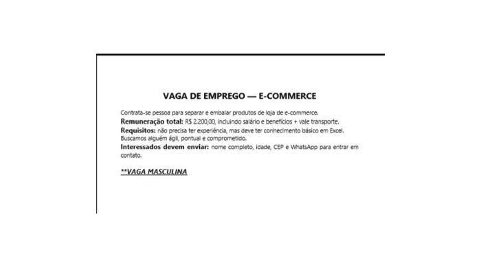 VAGA DE EMPREGO PARA E-COMMERCE ($2.200)