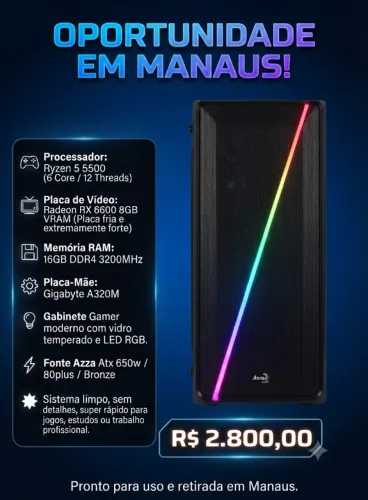 PC Gamer Ryzen 5 + RX 6600 Completo em Manaus! Imperdível!