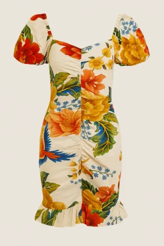 Vestido Farm Bela Chita Curto Franzido Drapeado Off White - Tam P