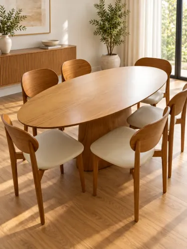 Mesa Oval em Cinamomo com 6 Cadeiras de Madeira Maciça NOVA