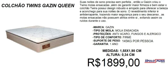 Colchão queen molas gazin twins - à pronta entrega e frete grátis