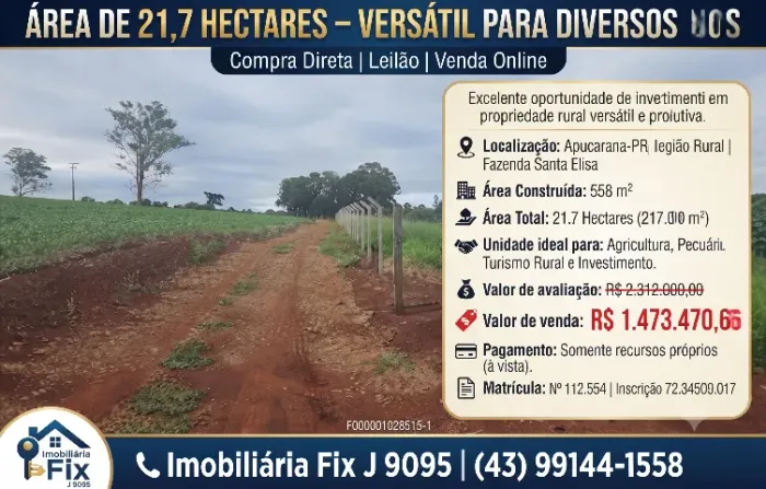 ? ÁREA DE 21,7 HECTARES - VERSÁTIL PARA DIVERSOS USOS Excelente oportunidade na Fazenda