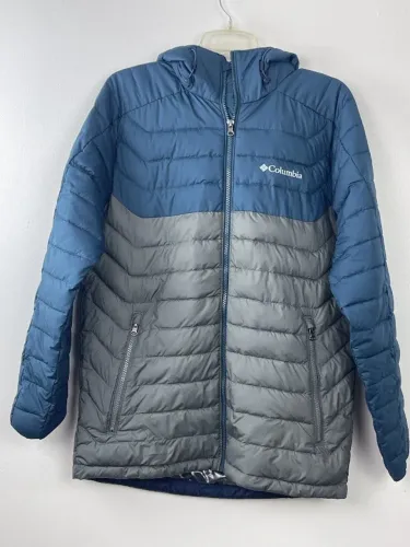 jaqueta puffer columbia omni heat azul small full zip long sleeve thermal