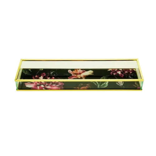 Bandeja decorativa luxo vidro floral preta com metal dourada 